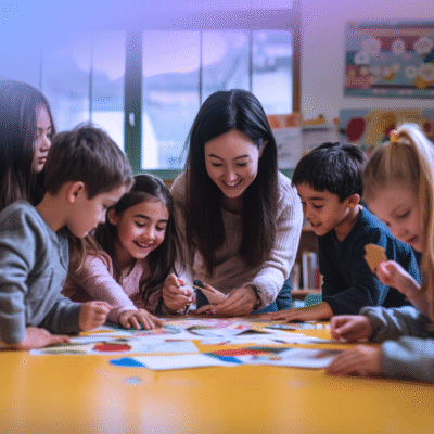 A teacher sitting at a table smiling with children who are learning what the teacher is showing them