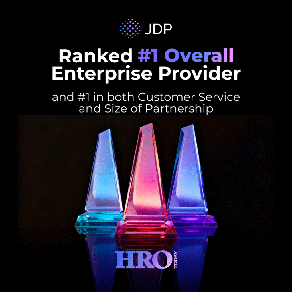 3 trophies signifying JDP's #1 ranking by HRO Today in 3 categories.