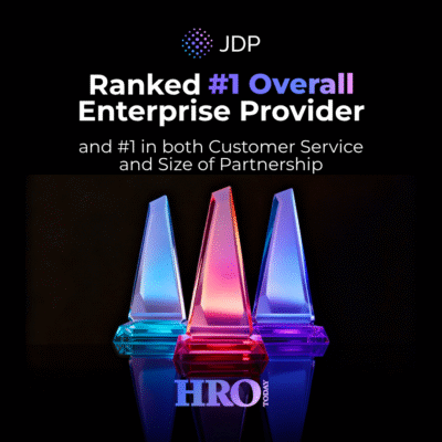 3 trophies signifying JDP's #1 ranking by HRO Today in 3 categories.